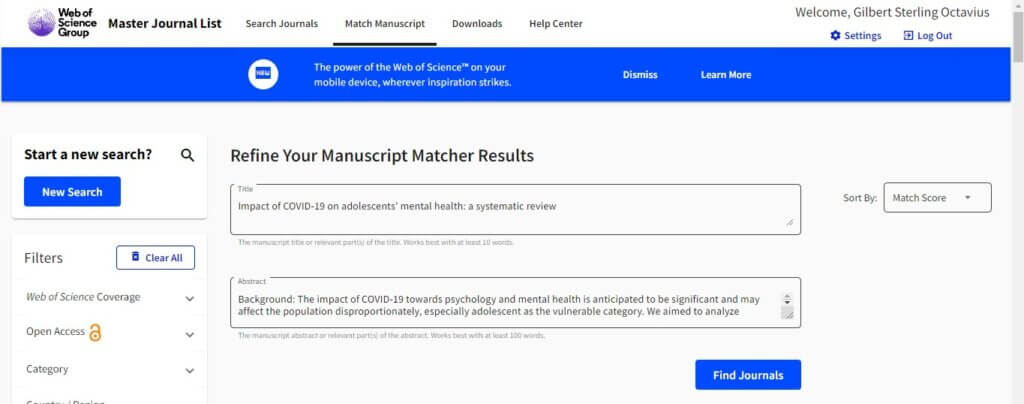 Tampilan Utama Web of Science Master List