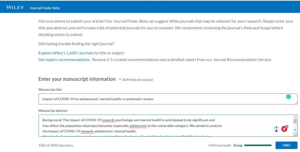 Tampilan Utama Wiley Journal Finder